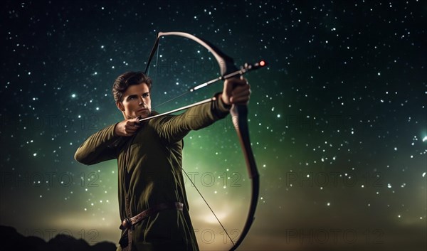 Young man Sagittarius according to the zodiac sign with a bow in his hands with dark hair and green