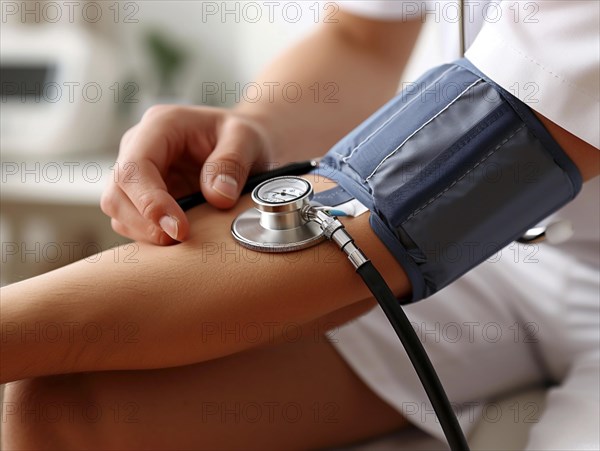 A man checks his blood pressure with a measuring device. Avoidance of bulk hypertension, scarcity,
