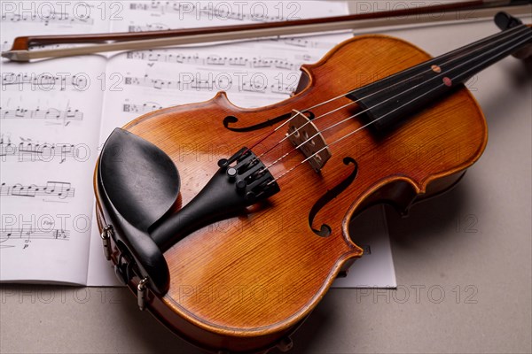 Half viola with bow and music book in front of a monochrome background, studio photograph, Germany,