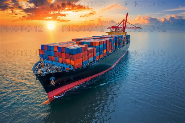 A large cargo ship loaded with containers sails in the sunset on the sea, colourful sky in the