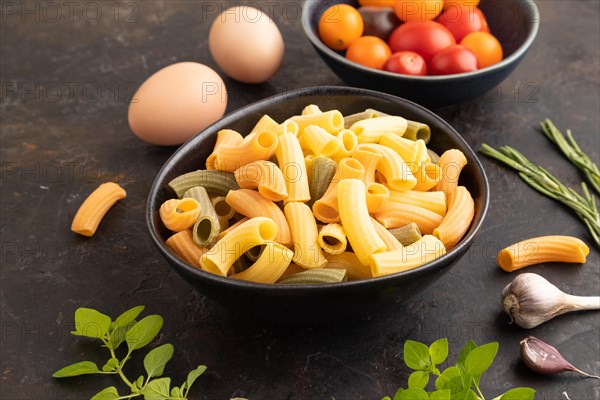 Rigatoni colored raw pasta with tomato, eggs, spices, herbs on black concrete background. Side