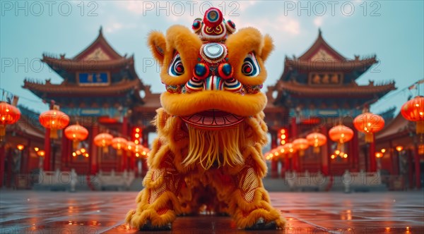 A lion dance costume in a pagoda courtyard surrounded by red lanterns to celebrate the chinese new