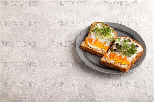 White bread sandwiches with cream cheese, calendula petals and microgreen radish and tagetes on
