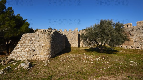 Part of the fortress wall surrounded by trees and grass, Chlemoutsi, High Medieval Crusader castle,