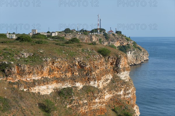 Lighthouse on the cliff edge with a view of the sea, Cape Kaliakra, Dobruja, Black Sea, Bulgaria,