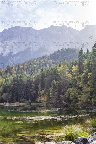 Zugspitze massif and Zugspitze with Eibsee lake, Wetterstein mountains, Grainau, Werdenfelser Land,