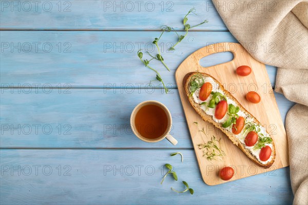 Long white bread sandwich with cream cheese, tomatoes and microgreen on blue wooden background and
