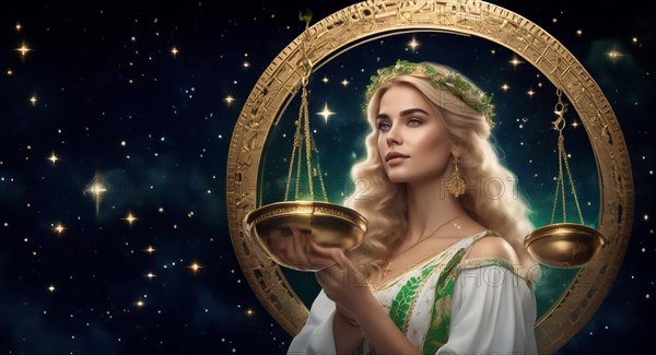Young Libra woman with blond hair and blue eyes against the background of the starry sky.