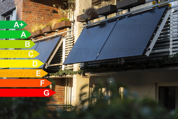 Balcony power station on an apartment block, diagram with energy efficiency classes for buildings