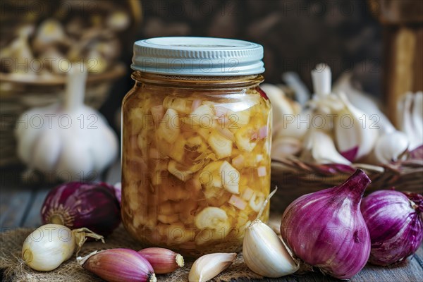 A rustic image of a jar of fermented shallots and garlic surrounded by fresh garlic cloves and