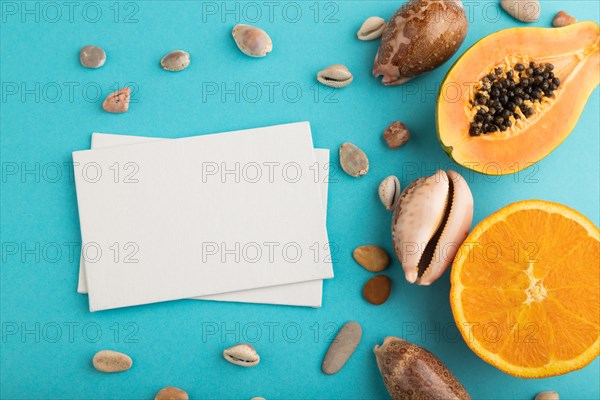 White paper business card with ripe cut papaya, orange, seashells on blue pastel pastel background.