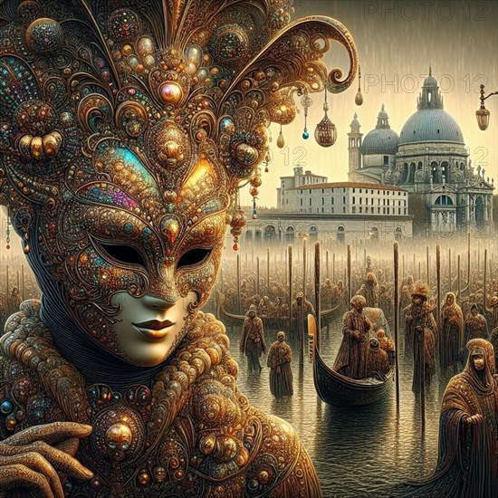 A copper-toned steampunk Venetian mask with a foggy canal scene, cathedral and landmarks in the