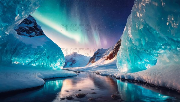 Glacial river flowing through the ice cliffs covered with snow underneath the wonderful northern