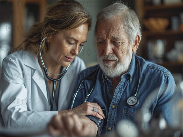 A man checks his blood pressure with a measuring device. Avoidance of bulk hypertension, scarcity,