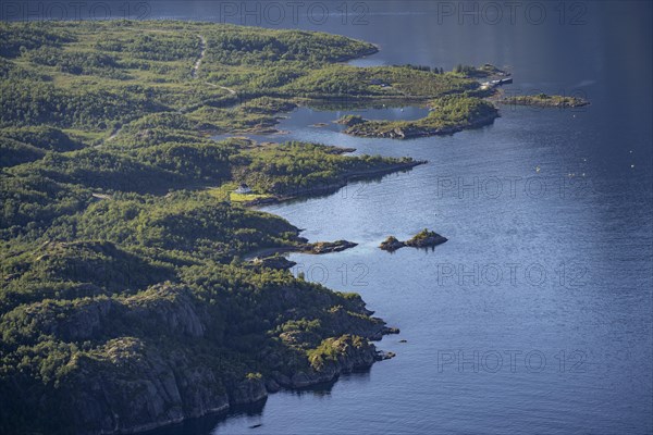 Coast with small house, Raftsund fjord, view from the top of Dronningsvarden or Stortinden,