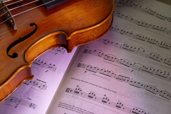 Detailed view of a violin with scroll and pegbox in front of sheet music, studio photograph,