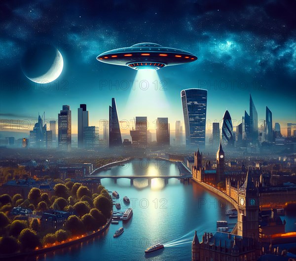 An alien UFO, a flying saucer, flies over the skyline of a metropolis on planet Earth, AI