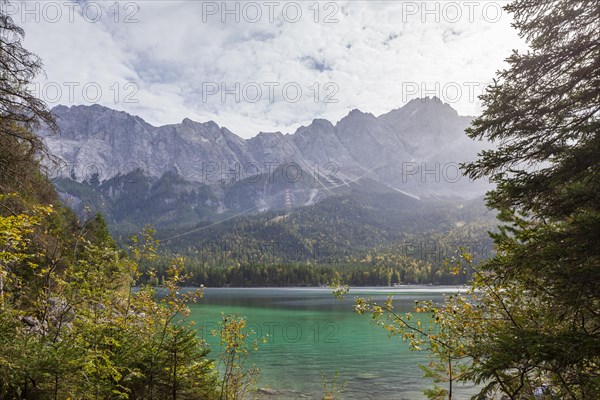 Zugspitze massif and Zugspitze with Eibsee lake, Wetterstein mountains, Grainau, Werdenfelser Land,