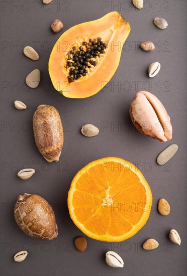 Ripe cut papaya, orange, seashells on gray pastel background. Top view, flat lay, close up.