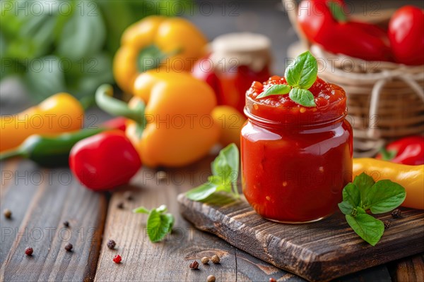 A jar of paprika jam surrounded by fresh vegetables and spices on a wooden table, AI generated, AI