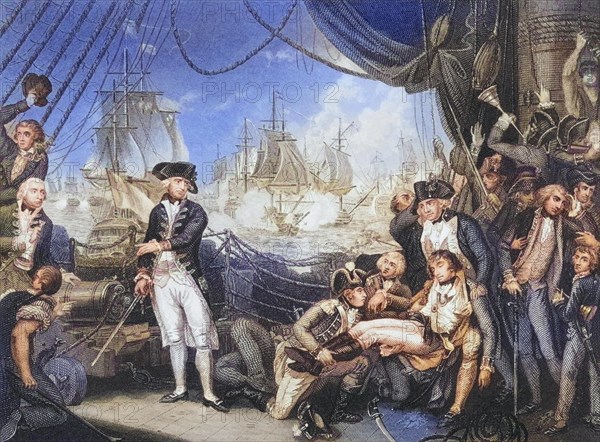 Scene on the deck of the Queen Charlotte, 1 June 1794, a 100-gun liner (three-decker) of the 1st