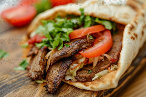 An appetising doner kebab in flatbread with tomatoes, coleslaw and parsley, served on a wooden
