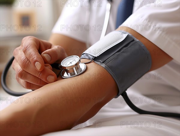 A man checks his blood pressure with a measuring device. Avoidance of bulk hypertension, scarcity,