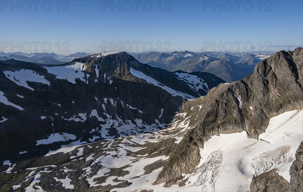 Mountain panorama, glacier remains of Skalabreen, view from the summit of Skala, Loen, Norway,