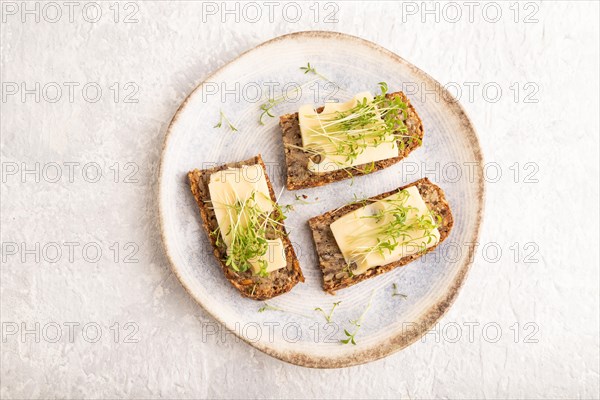 Grain bread sandwiches with cheese and watercress microgreen on gray concrete background. top view,