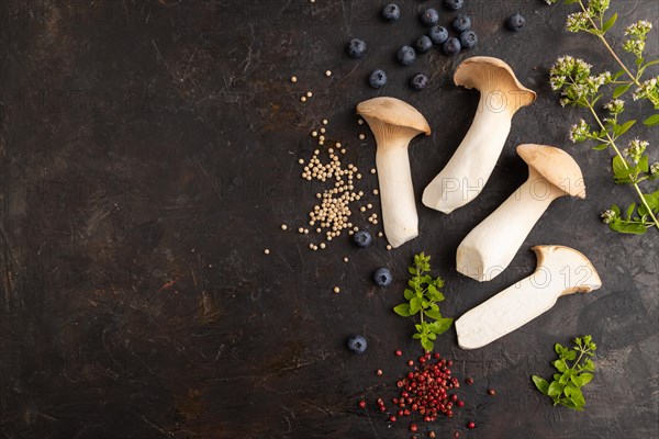 King Oyster mushrooms or Eringi (Pleurotus eryngii) on black concrete background with blueberry,