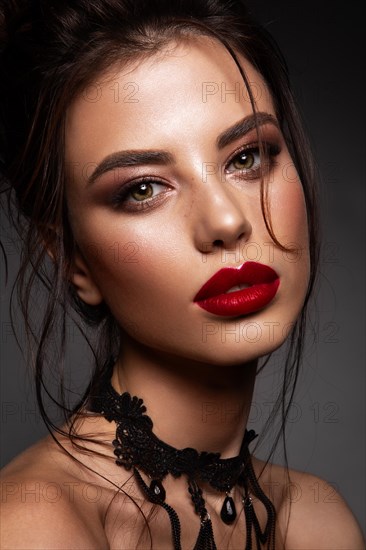 Gorgeous Young Brunette Woman face portrait. Beauty Model Girl with bright eyebrows, perfect