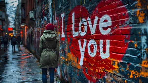 I Love You with white characters was painted on a red heart with blue background on a blue house