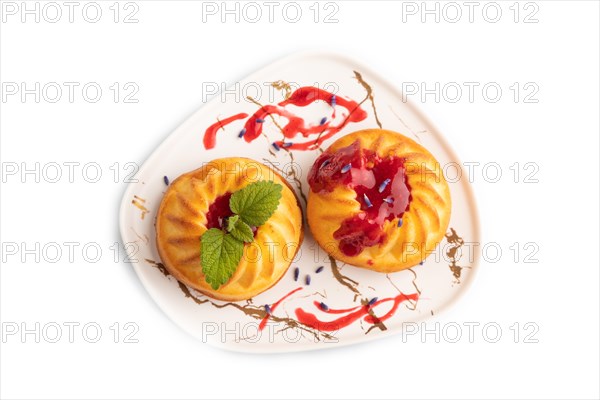 Semolina cheesecake with strawberry jam, lavender isolated on white background. top view, flat lay,
