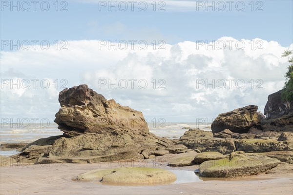 Cliff in Bako national park, sunny day, blue sky and sea. Vacation, travel, tropics concept, no