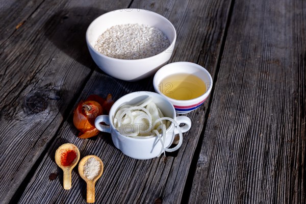 Raw Ingredient to Make the Saffron Rice, Risotto alla Milanese with Parmesan Cheese and White Wine
