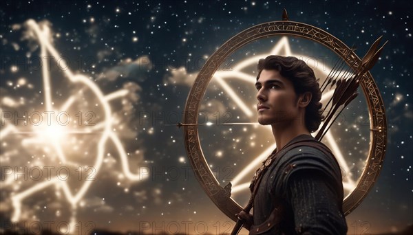 Young man Sagittarius according to the zodiac sign with a bow in his hands with dark hair and green