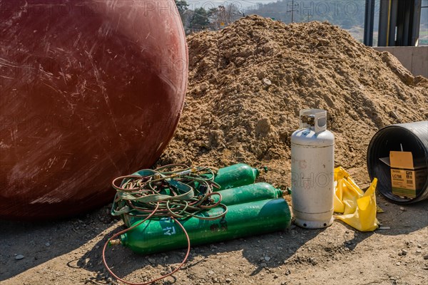 Chungju, South Korea, March 22, 2020: For editorial use only. Welding oxygen tanks and equipment