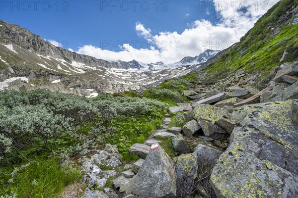 Hiking trail in a picturesque mountain landscape, rocky mountain peaks with snow, Waxeggkees