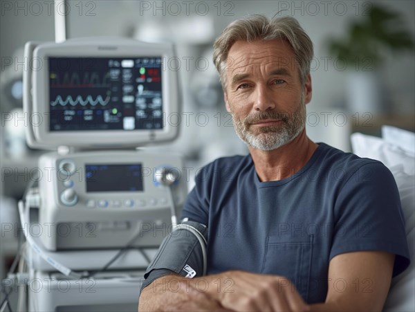 A man checks his blood pressure with a measuring device. Avoidance of bulk hypertension, scarcity,