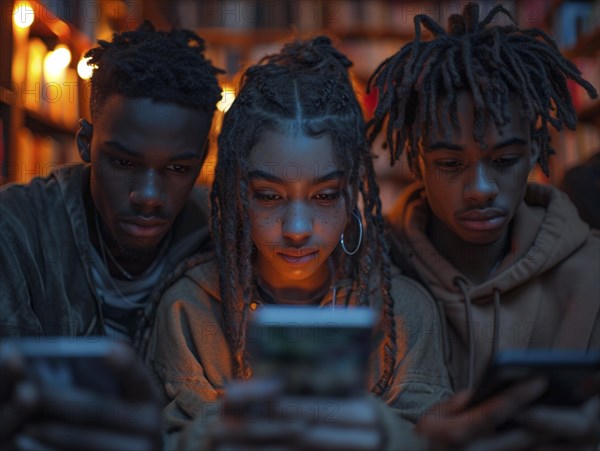 Several young people look bored at their cell phones, neglect social contacts, sport, reading, AI