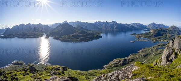 View of the fjord Ulvagsundet and Raftsund and mountains, view from the top of Dronningsvarden or