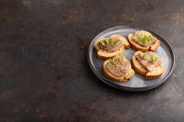 Bread sandwiches with jerky salted meat, sorrel and cilantro microgreen on black concrete