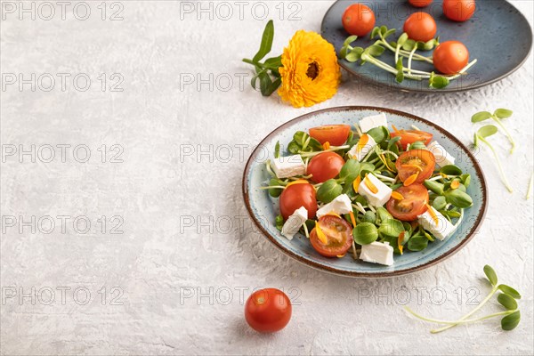 Vegetarian vegetables salad of tomatoes, marigold petals, microgreen sprouts, feta cheese on gray