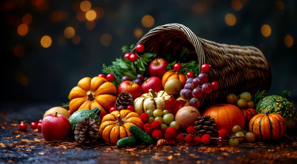 A cornucopia of fall harvest with pumpkins and apples against a bokeh background, AI generated
