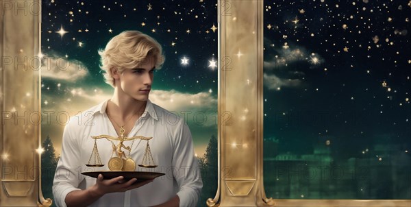 Young man Libra by zodiac sign with scales in his hands with blond hair and green eyes against the