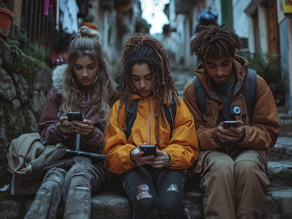 Several young people look bored at their cell phones, neglect social contacts, sport, reading, AI