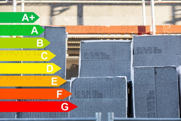 Insulation of a house facade with Polystorol insulation boards, graphic with energy efficiency