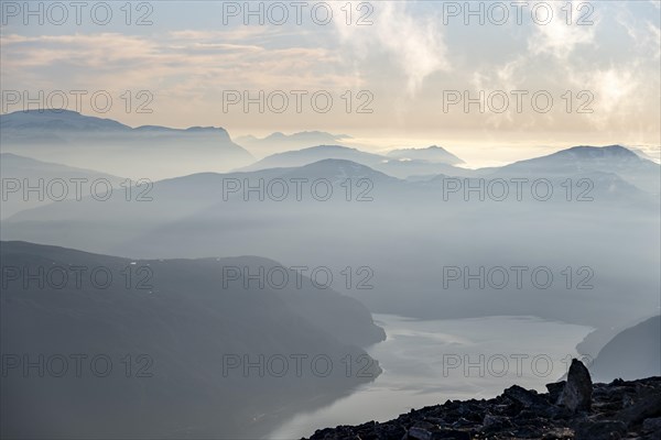 Mountains and fjord Faleidfjorden, in the evening light, view from the top of Skala, Loen, Norway,