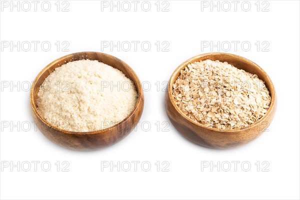 Powdered milk and oatmeal baby food mix, infant formula isolated on white background. Side view,