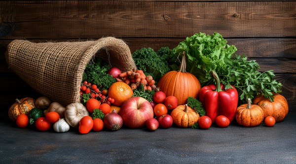 A cornucopia overflowing with fresh vegetables on a wooden background signifies abundance, AI